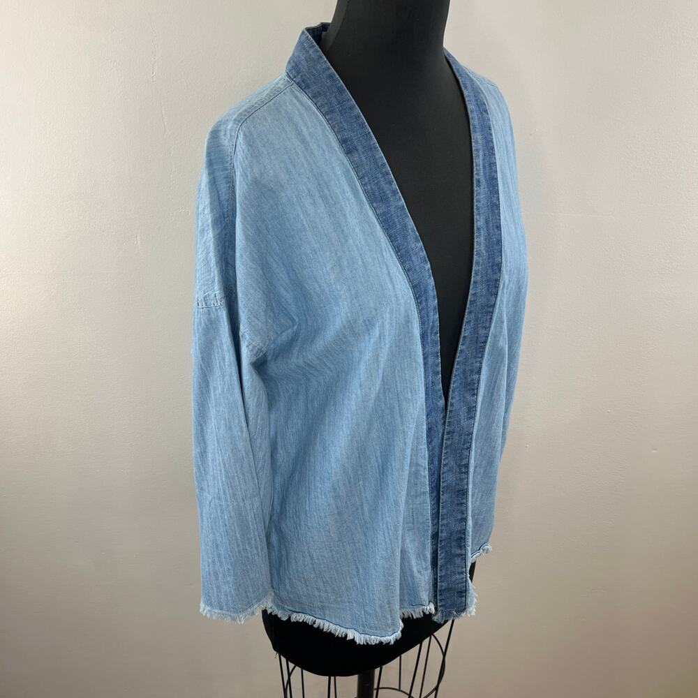 SUN + STONE Blue Chambray Embroidered Raw Hem Open Cardigan Jacket Aztec Boho S - Picture 6 of 11